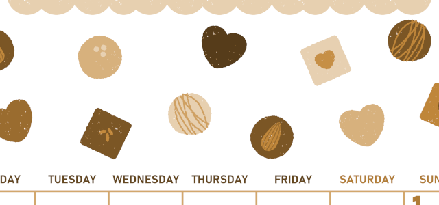 2026年2月縦型レトロな月曜始まり チョコのイラストがかわいいA4無料セピア調カレンダー(2026-00680211)