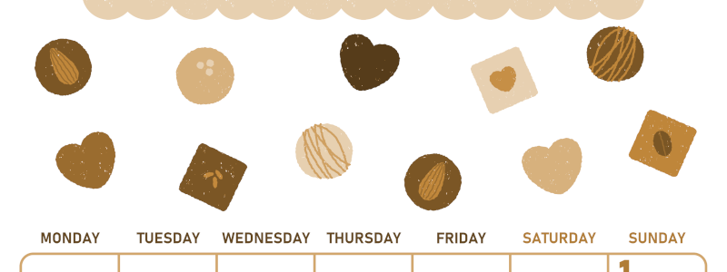 2026年2月縦型レトロな月曜始まり チョコのイラストがかわいいA4無料セピア調カレンダー(2026-00680211)