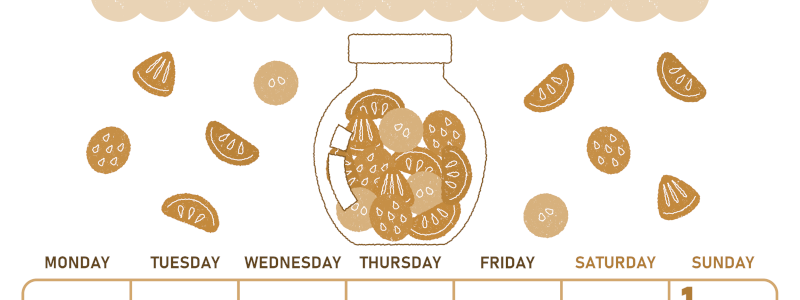 2026年3月縦型レトロな月曜始まり 果物イラストのかわいいA4無料セピア調カレンダー(2026-00680311)