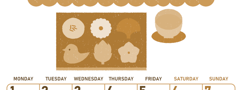 2026年6月縦型レトロな月曜始まり 和菓子イラストのかわいいA4無料セピア調カレンダー(2026-00680611)