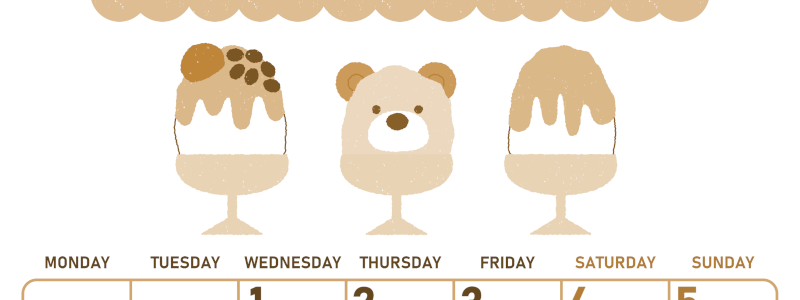 2026年7月縦型レトロな月曜始まり かき氷イラストのかわいいA4無料セピア調カレンダー(2026-00680711)