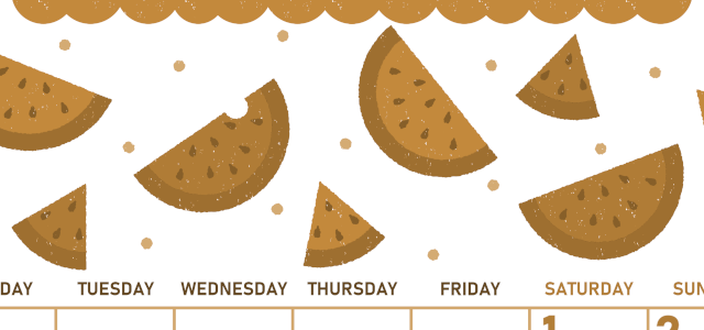 2026年8月縦型レトロな月曜始まり 季節の果物イラストのかわいいA4無料セピア調カレンダー(2026-00680811)