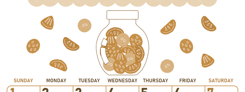 2026年3月縦型レトロな日曜始まり 果物イラストのかわいいA4無料セピア調カレンダー(2026-00680310)