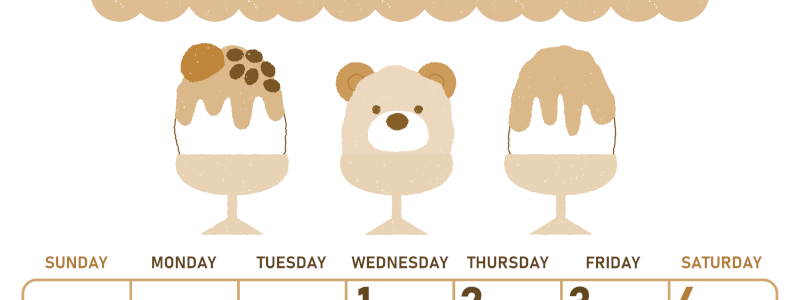 2026年7月縦型レトロな日曜始まり かき氷イラストのかわいいA4無料セピア調カレンダー(2026-00680710)