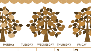 2026年10月縦型レトロな日曜始まり リンゴの木イラストのかわいいA4無料セピア調カレンダー(2026-00681010)