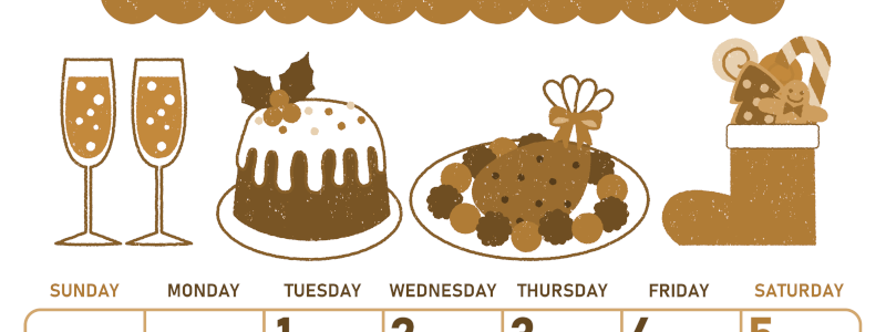 2026年12月縦型レトロな日曜始まり 御馳走イラストのかわいいA4無料セピア調カレンダー(2026-00681210)