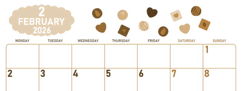 2026年2月横型レトロな月曜始まり チョコのイラストがかわいいA4無料セピア調カレンダー(2026-00680201)