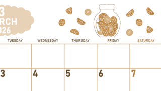 2026年3月横型レトロな月曜始まり 果物イラストのかわいいA4無料セピア調カレンダー(2026-00680301)