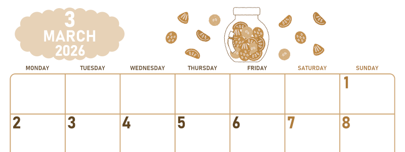 2026年3月横型レトロな月曜始まり 果物イラストのかわいいA4無料セピア調カレンダー(2026-00680301)