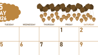 2026年5月横型レトロな月曜始まり いちごイラストのかわいいA4無料セピア調カレンダー(2026-00680501)