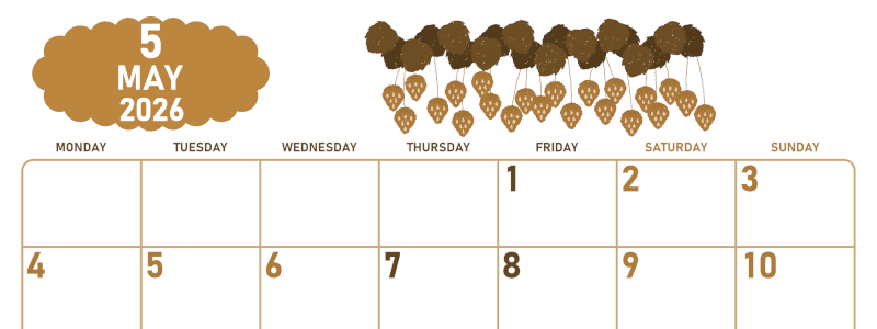 2026年5月横型レトロな月曜始まり いちごイラストのかわいいA4無料セピア調カレンダー(2026-00680501)