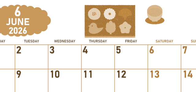 2026年6月横型レトロな月曜始まり 和菓子イラストのかわいいA4無料セピア調カレンダー(2026-00680601)