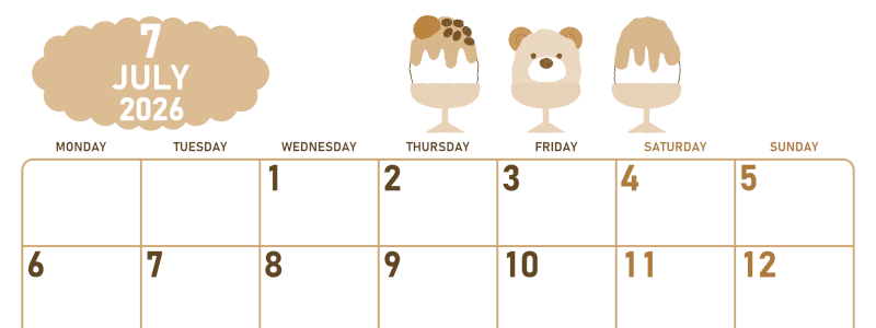 2026年7月横型レトロな月曜始まり かき氷イラストのかわいいA4無料セピア調カレンダー(2026-00680701)