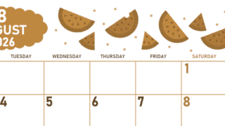 2026年8月横型レトロな月曜始まり 季節の果物イラストのかわいいA4無料セピア調カレンダー(2026-00680801)