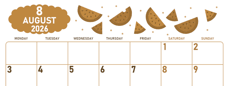 2026年8月横型レトロな月曜始まり 季節の果物イラストのかわいいA4無料セピア調カレンダー(2026-00680801)