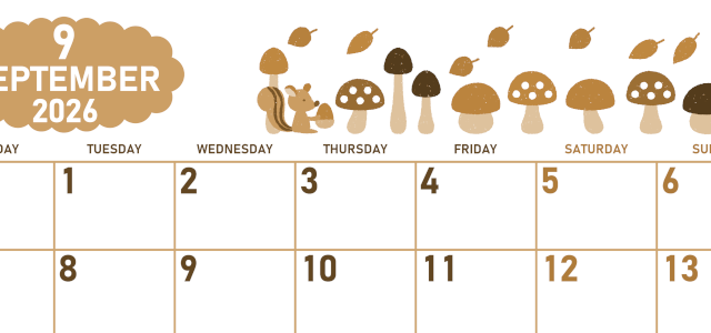 2026年9月横型レトロな月曜始まり 秋の季節イラストがかわいいA4無料セピア調カレンダー(2026-00680901)