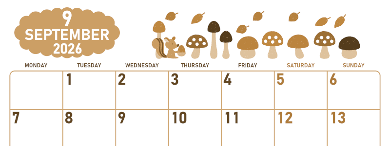 2026年9月横型レトロな月曜始まり 秋の季節イラストがかわいいA4無料セピア調カレンダー(2026-00680901)