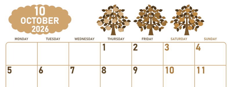 2026年10月横型レトロな月曜始まり リンゴの木イラストのかわいいA4無料セピア調カレンダー(2026-00681001)
