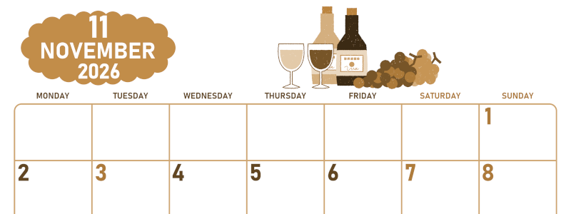 2026年11月横型レトロな月曜始まり ぶどうイラストのかわいいA4無料セピア調カレンダー(2026-00681101)