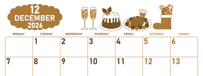 2026年12月横型レトロな月曜始まり 御馳走イラストのかわいいA4無料セピア調カレンダー(2026-00681201)