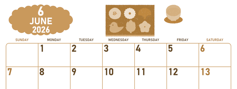 2026年6月横型レトロな日曜始まり 和菓子イラストのかわいいA4無料セピア調カレンダー(2026-00680600)