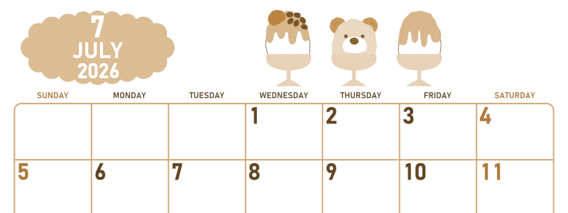 2026年7月横型レトロな日曜始まり かき氷イラストのかわいいA4無料セピア調カレンダー(2026-00680700)