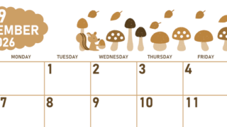 2026年9月横型レトロな日曜始まり 秋の季節イラストがかわいいA4無料セピア調カレンダー(2026-00680900)