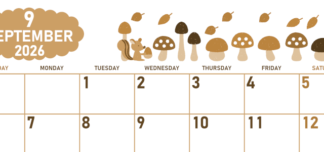 2026年9月横型レトロな日曜始まり 秋の季節イラストがかわいいA4無料セピア調カレンダー(2026-00680900)