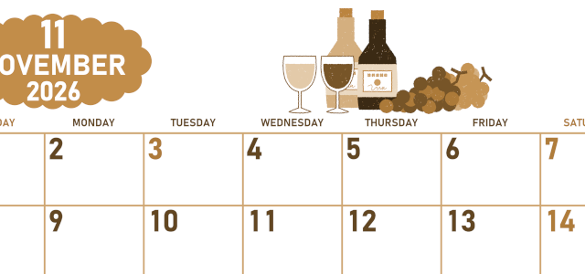 2026年11月横型レトロな日曜始まり ぶどうイラストのかわいいA4無料セピア調カレンダー(2026-00681100)