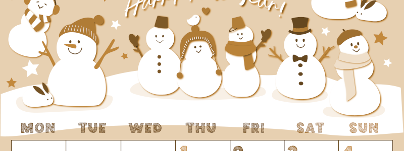 2026年1月縦型レトロな月曜始まり スノーマンイラストのかわいいA4無料セピア調カレンダー(2026-00690111)