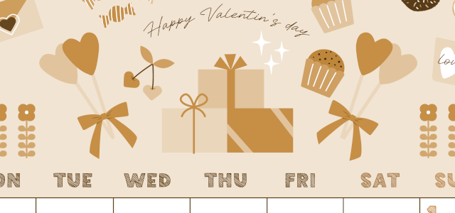 2026年2月縦型レトロな月曜始まり かわいいバレンタインイラストA4無料セピア調カレンダー(2026-00690211)