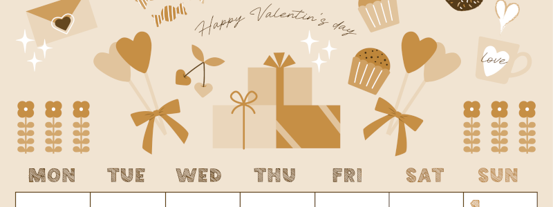 2026年2月縦型レトロな月曜始まり かわいいバレンタインイラストA4無料セピア調カレンダー(2026-00690211)