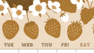2026年3月縦型レトロな月曜始まり 苺花イラストのかわいいA4無料セピア調カレンダー(2026-00690311)