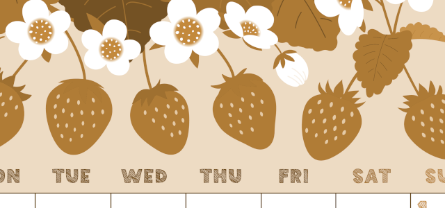 2026年3月縦型レトロな月曜始まり 苺花イラストのかわいいA4無料セピア調カレンダー(2026-00690311)