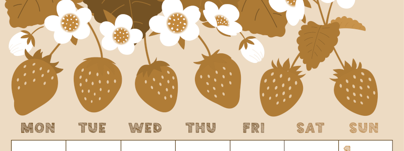 2026年3月縦型レトロな月曜始まり 苺花イラストのかわいいA4無料セピア調カレンダー(2026-00690311)