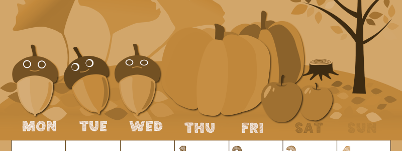 2026年10月縦型レトロな月曜始まり 秋の季節イラストのかわいいA4無料セピア調カレンダー(2026-00691011)