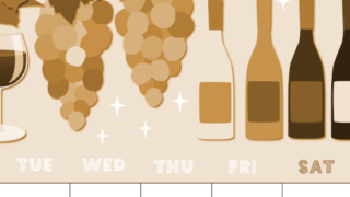 2026年11月縦型レトロな月曜始まり 赤白ワインのかわいいイラストA4無料セピア調カレンダー(2026-00691111)