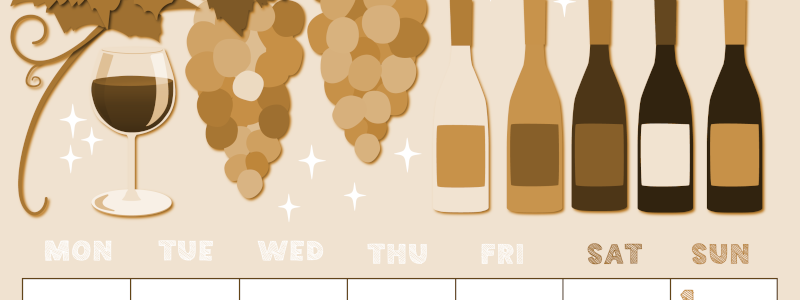 2026年11月縦型レトロな月曜始まり 赤白ワインのかわいいイラストA4無料セピア調カレンダー(2026-00691111)