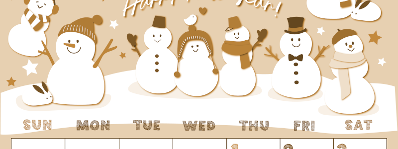 2026年1月縦型レトロな日曜始まり スノーマンイラストのかわいいA4無料セピア調カレンダー(2026-00690110)