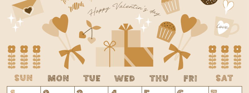 2026年2月縦型レトロな日曜始まり かわいいバレンタインイラストA4無料セピア調カレンダー(2026-00690210)