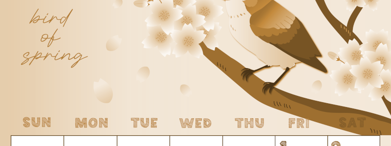 2026年5月縦型レトロな日曜始まり 鶯と桜イラストのかわいいA4無料セピア調カレンダー(2026-00690510)