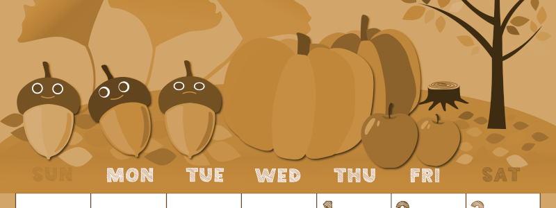 2026年10月縦型レトロな日曜始まり 秋の季節イラストのかわいいA4無料セピア調カレンダー(2026-00691010)