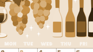 2026年11月縦型レトロな日曜始まり 赤白ワインのかわいいイラストA4無料セピア調カレンダー(2026-00691110)