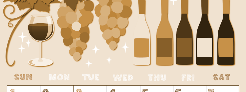 2026年11月縦型レトロな日曜始まり 赤白ワインのかわいいイラストA4無料セピア調カレンダー(2026-00691110)