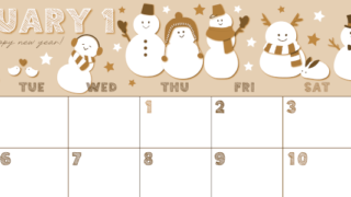 2026年1月横型レトロな月曜始まり スノーマンイラストのかわいいA4無料セピア調カレンダー(2026-00690101)