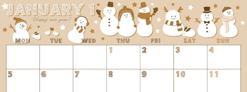 2026年1月横型レトロな月曜始まり スノーマンイラストのかわいいA4無料セピア調カレンダー(2026-00690101)