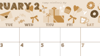 2026年2月横型レトロな月曜始まり かわいいバレンタインイラストA4無料セピア調カレンダー(2026-00690201)