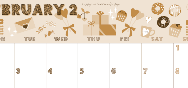 2026年2月横型レトロな月曜始まり かわいいバレンタインイラストA4無料セピア調カレンダー(2026-00690201)