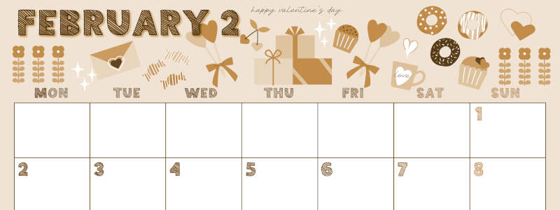 2026年2月横型レトロな月曜始まり かわいいバレンタインイラストA4無料セピア調カレンダー(2026-00690201)
