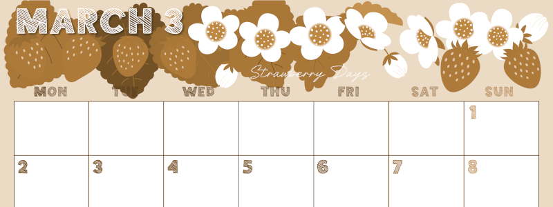 2026年3月横型レトロな月曜始まり 苺花イラストのかわいいA4無料セピア調カレンダー(2026-00690301)